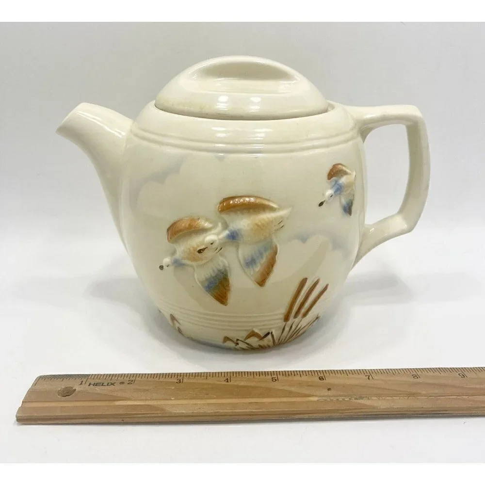 Vintage Porcelier Tea Pot Ducks Flying Vitreous China Lake Cattails Made in USA